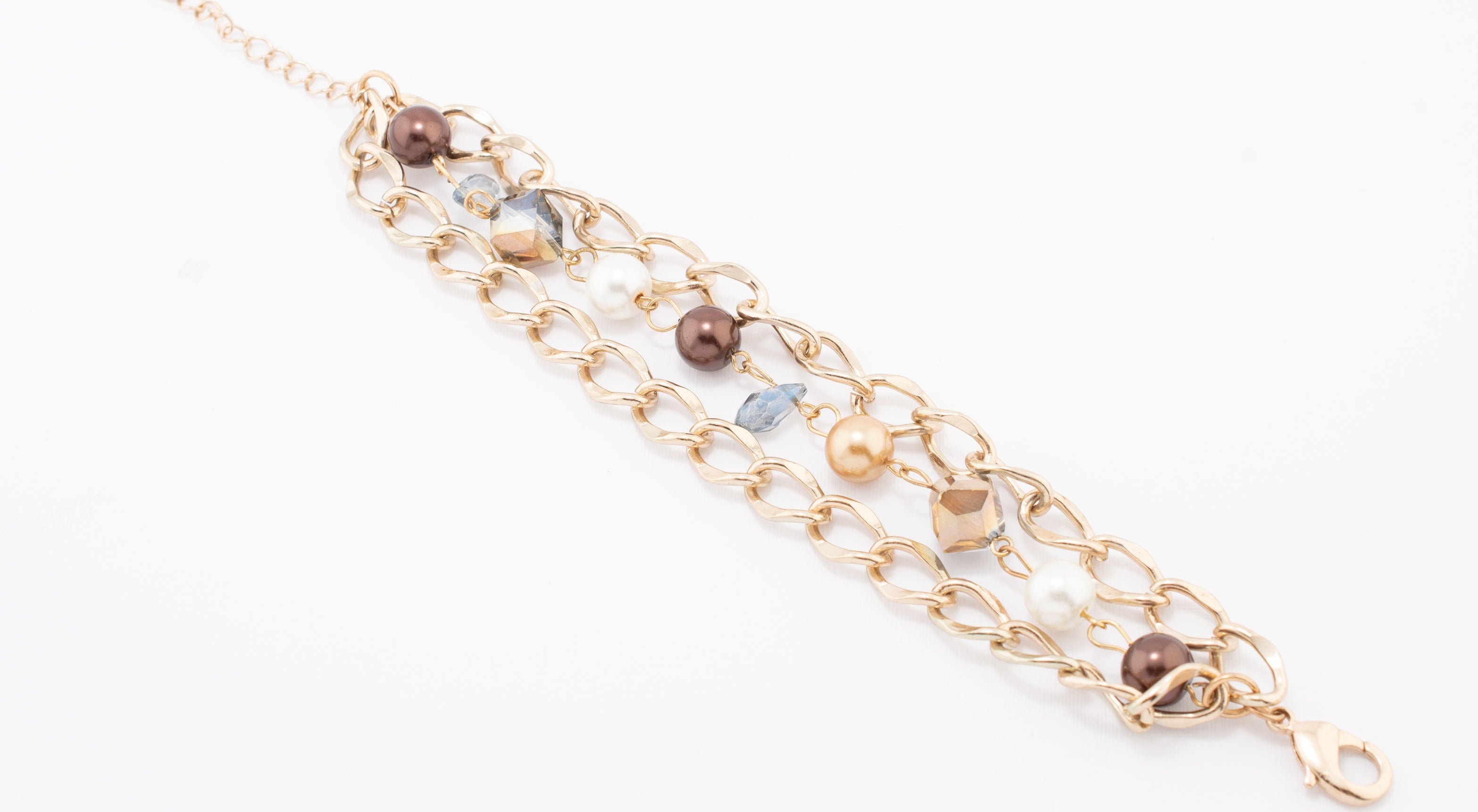 PULSERA TRIPLE CADENA/PERLAS/CUENTAS CHAPA DE ORO