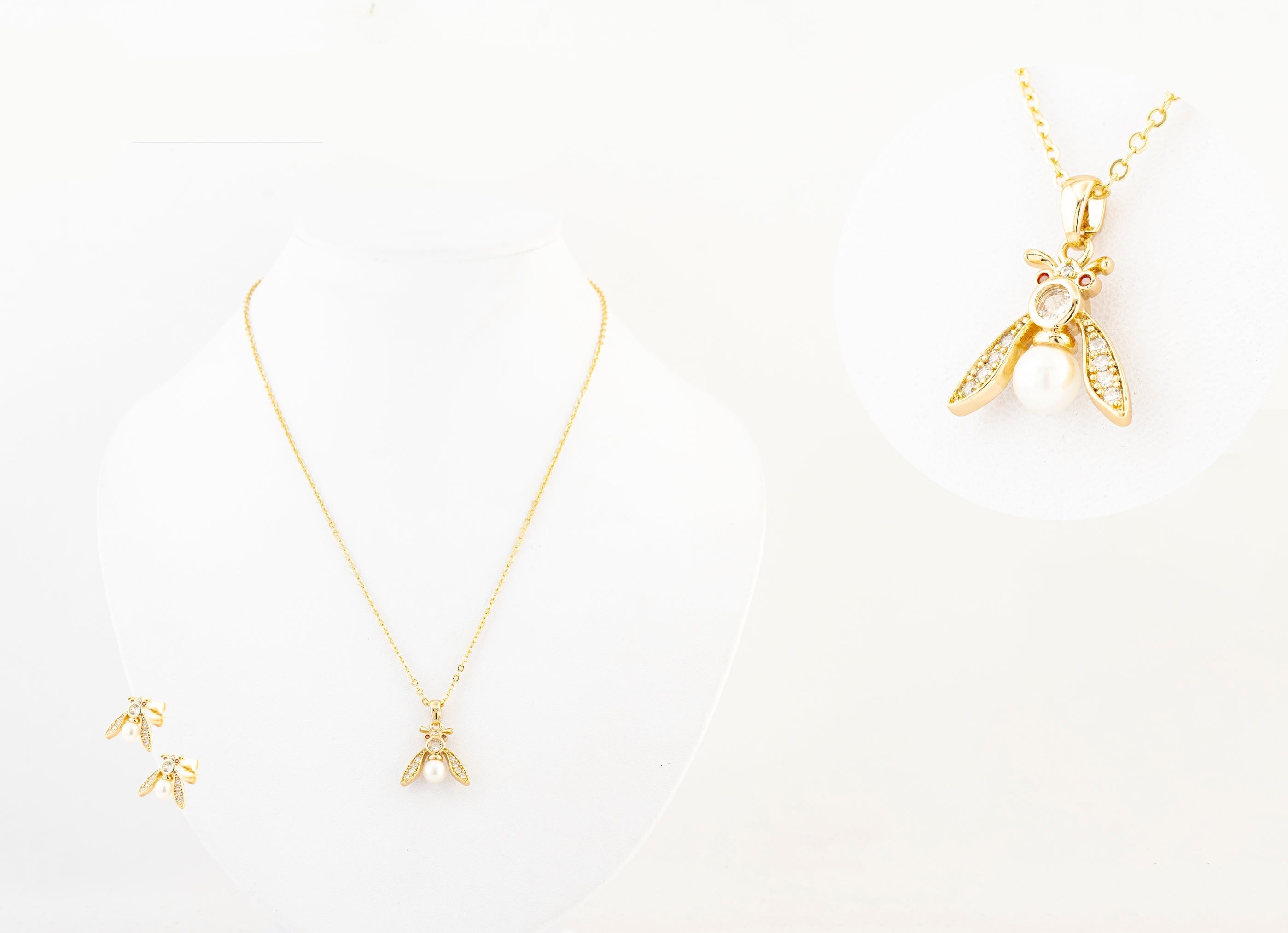 JUEGO COLLAR-ARETES ABEJA ZIRCONIA CHAPA DE ORO