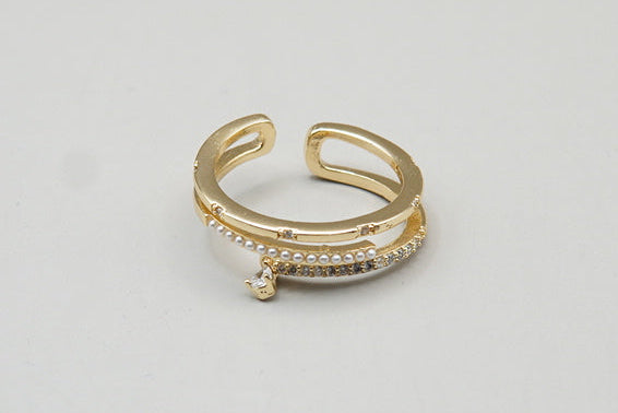 ANILLO TRIPLE PERLA/ZIRCONIA AJUSTABLE CHAPA DE ORO