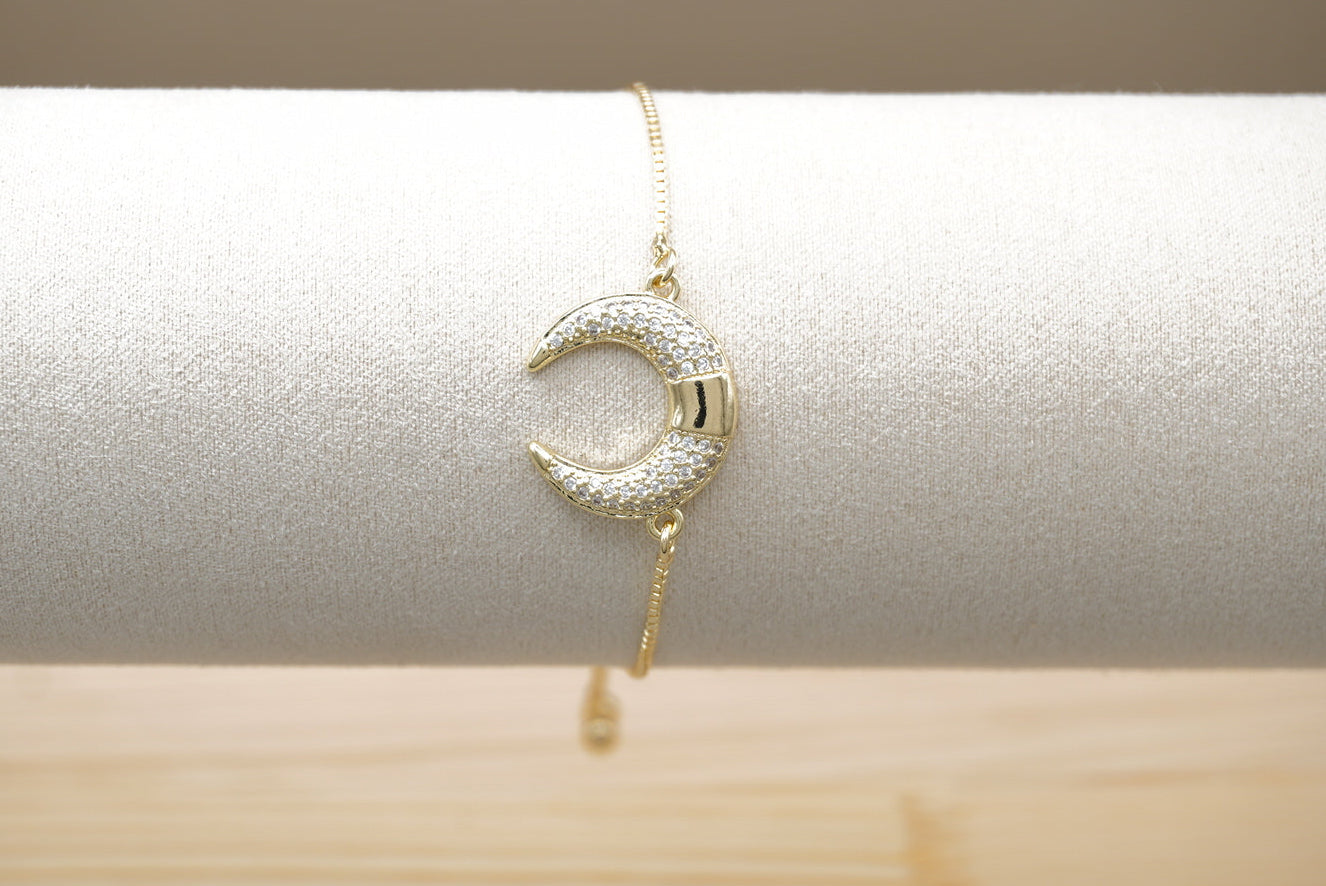 PULSERA AJUSTABLE LUNA CRECIENTE ZIRCONIA CHAPA DE ORO