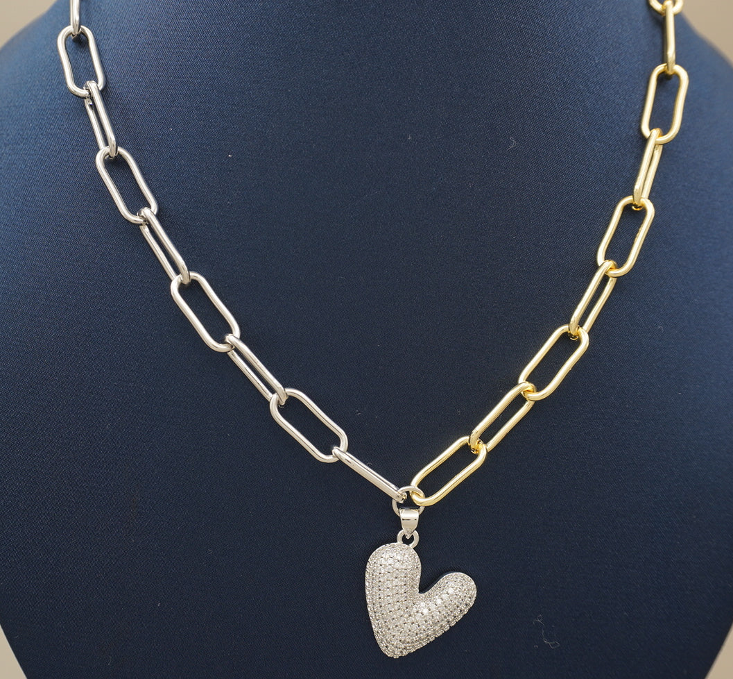 COLLAR ESLABONES CHAPA DE ORO/RODIO CORAZON PLATEADO