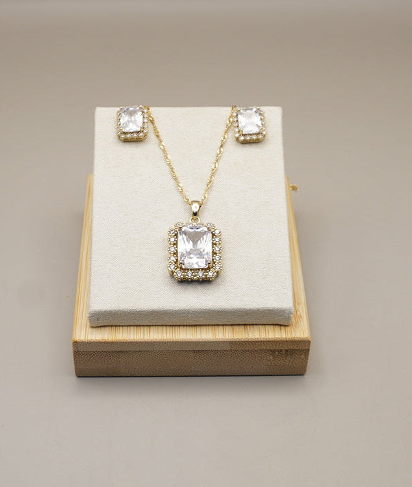 COLLAR/ARETES ZIRCONIA RECTANGULAR  CHAPA DE ORO