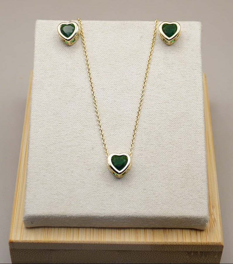COLLAR/ARETES GOTA VERDE CHAPA DE ORO