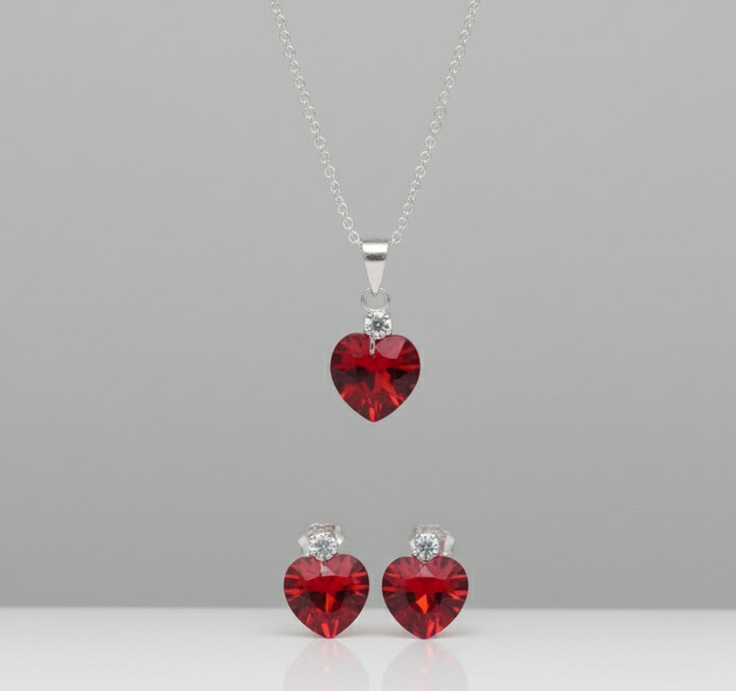 COLLAR/ARETES CORAZON ROJO 53 CM PLATA .925